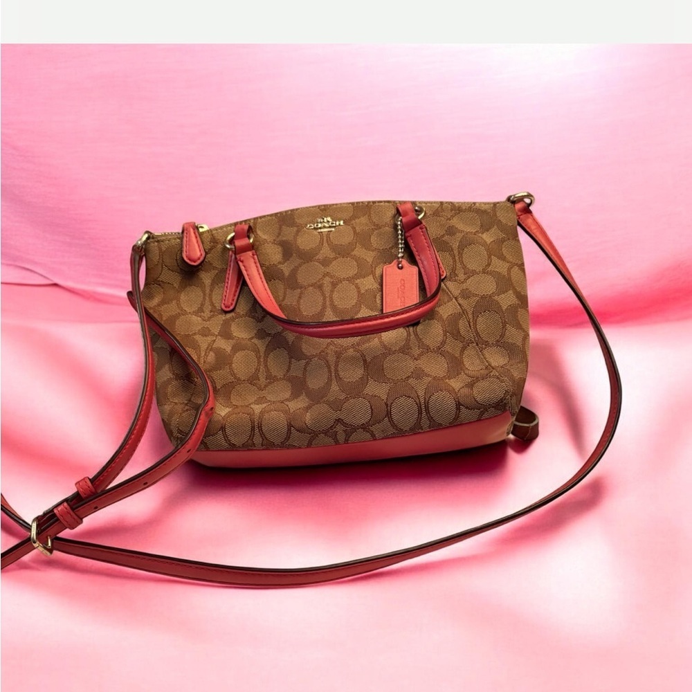 Coach Mini Kelsey Satchel Brown Signature with Pink Trim F57830